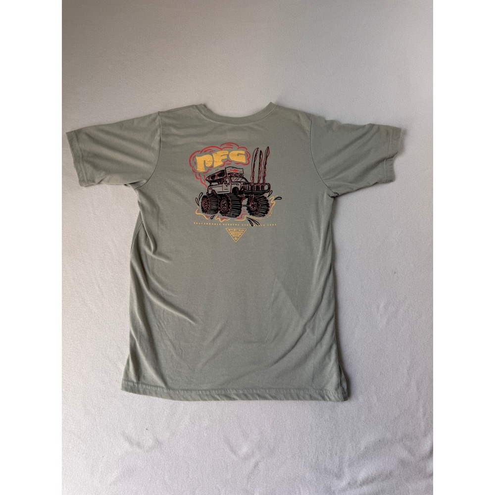 Columbia PFG Boys Large 14-16 Green Monster Truck Graphic T Shirt Fishing